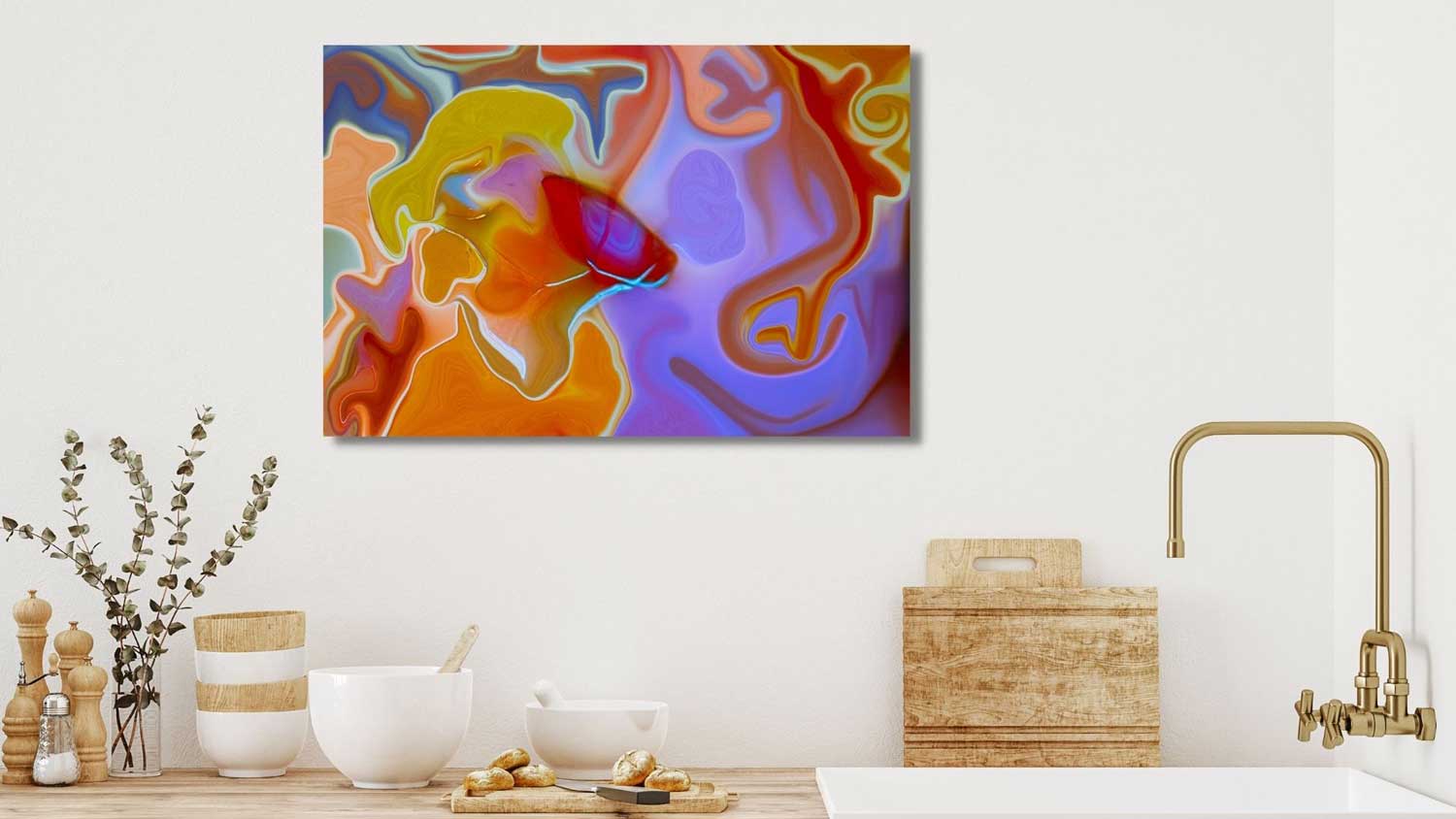 Abstract art in a modern farmhouse kitchen